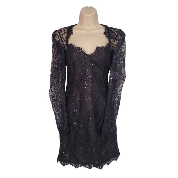 Bardot Aurora Sequin Lace Mini Dress Black Long Sleeve Party Dress Size 8 Large - Picture 3 of 11